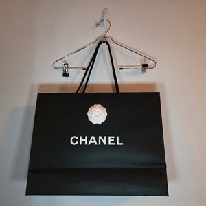 Chanel Black Shopping Bag with White Camellia Logo – Large 18" x 15"